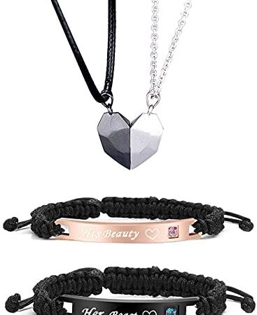 4 Pcs Couple Necklaces Bracelets Set Matching Heart Necklaces for Boyfriend Girlfriend Matching Couple Bracelets for Him Her Distance Relationship Necklaces for Couple Gifts Valentine's Gifts